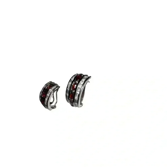 Silver-Tone Hoop Earrings with Red Gem Accents - Picture 3 of 9
